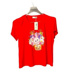 AZ graphic design cat in basket with Rhinestones details red women’s Sz L/XL